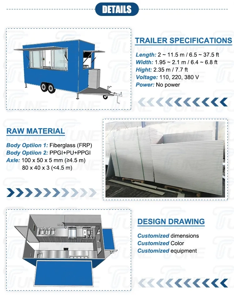 Factroy Custom USA Standard Concession Fiberglass Fast Food Trucks Mobile Food Cart Trailer Mobile Vending Car